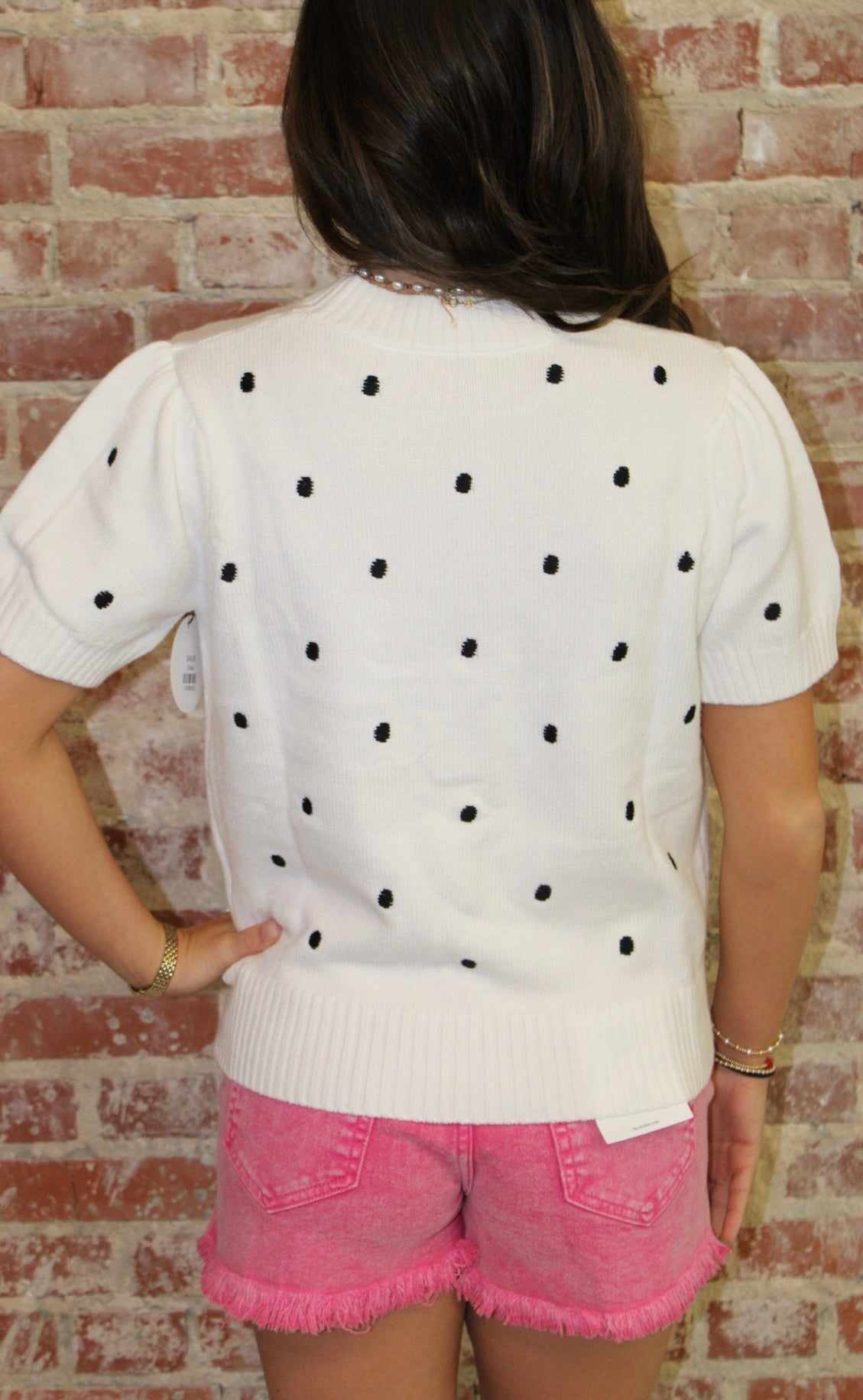 LA Society White Elegant Polka Dot Bubble Short Sleeve Sweater Top LA Society