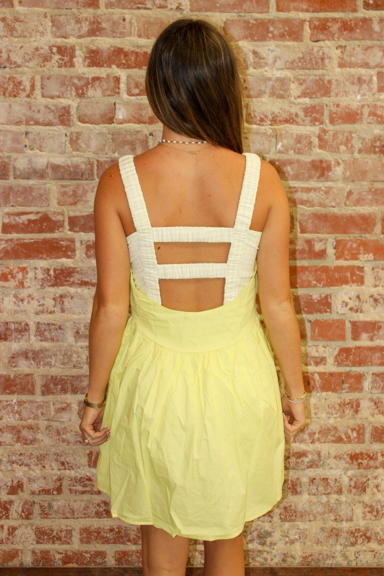1 the Woman Yellow Cream Faux 2 Pc Gingham Contrast Patchwork Loose Mini Dress 1 the Woman