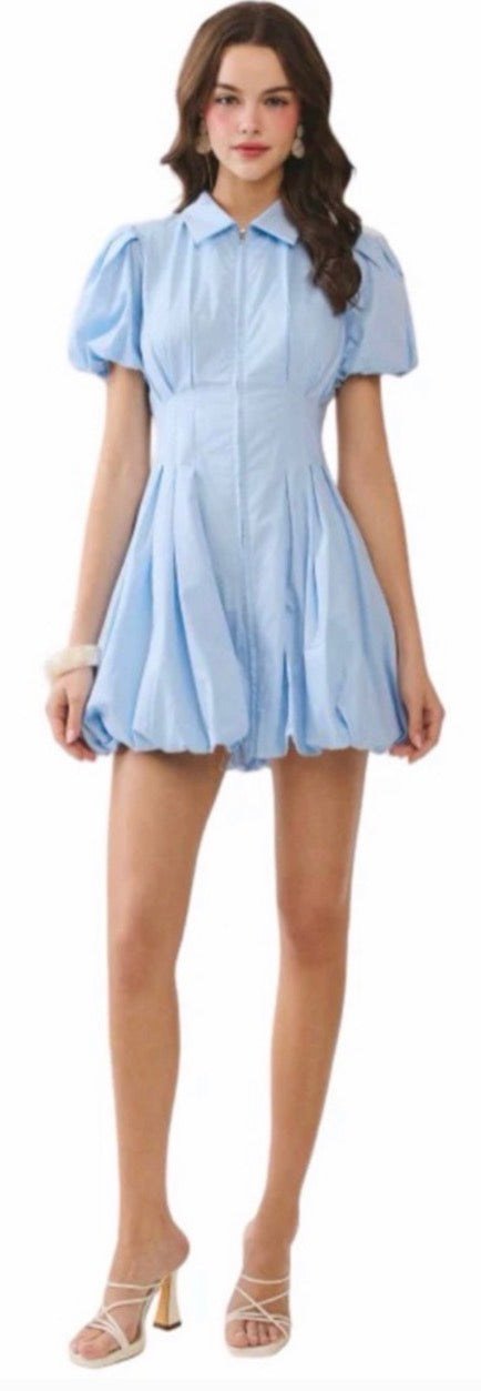 TCEC Baby Blue Fit and Flare Zipper Front Bubble Sleeves Dress TCEC
