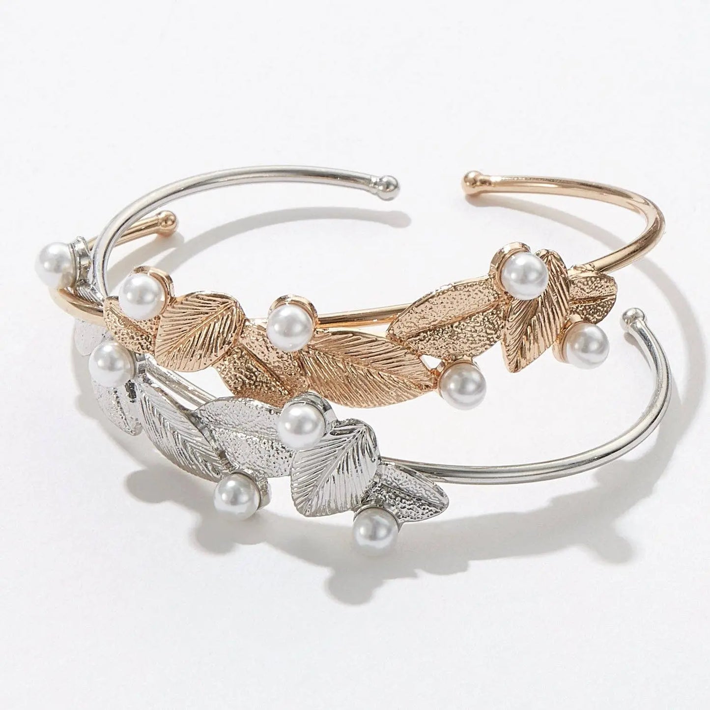 Frem - Everyday Wear Leaf Shape Metal Cuff Bracelet With Pearl Frem