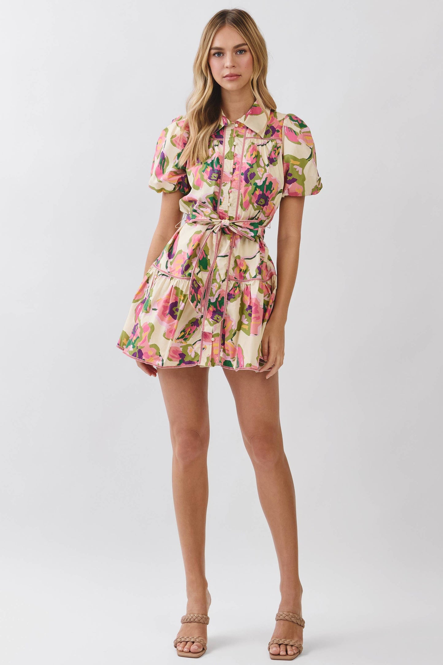 TCEC - CD07233-Floral Print Puff Sleeve Belted Dress: MULTI / L TCEC