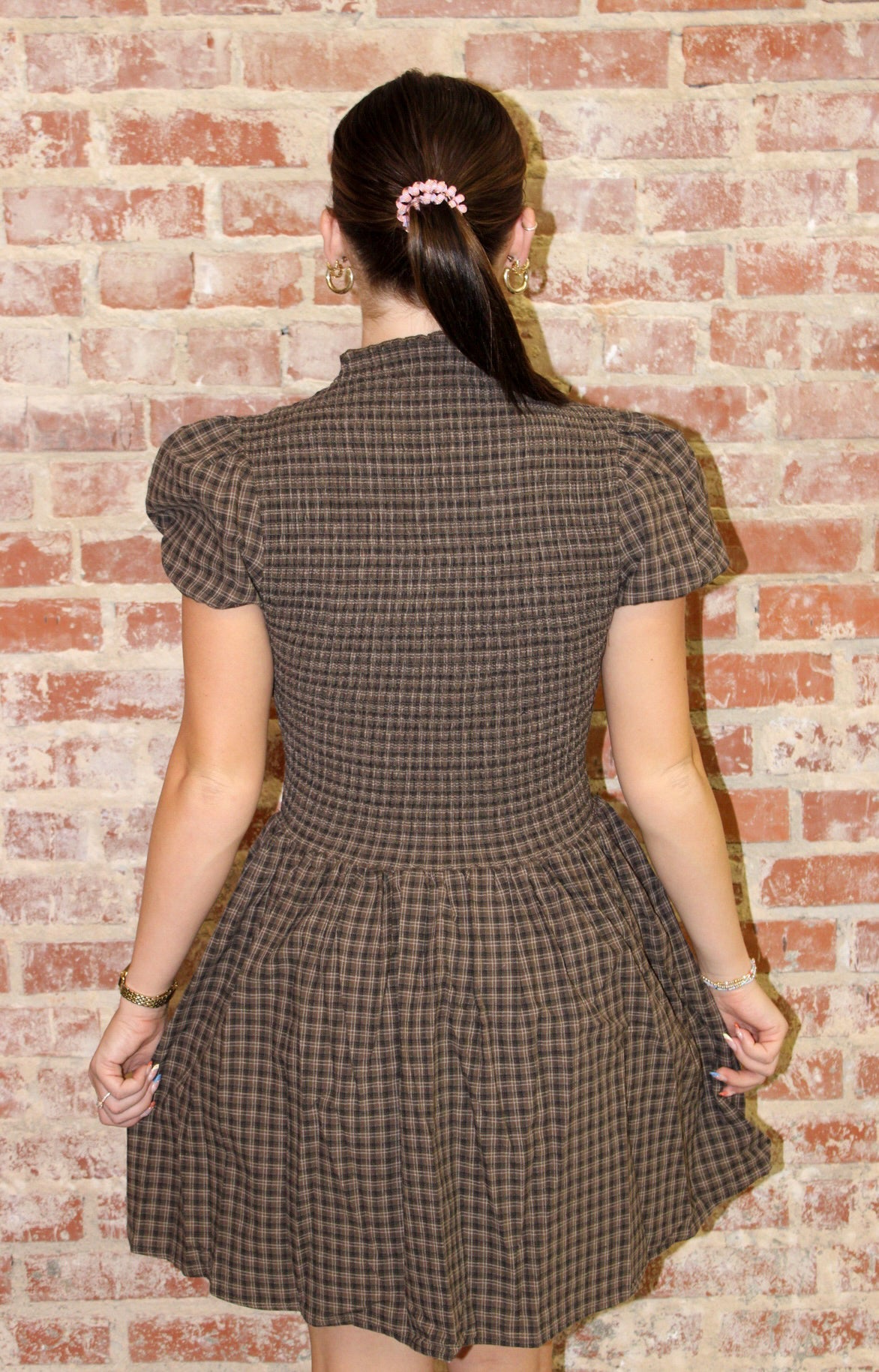 Olivaceous Angela Dk Brown Plaid Contemporary Smocked Mini Dress Olivaceous