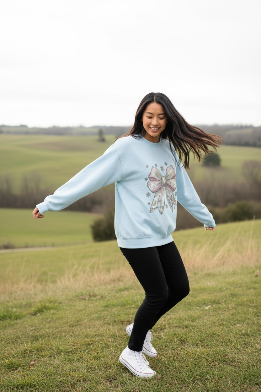 Christmas Bow Birth of Jesus Light Blue Sweatshirt SOUTHERN SUNDROP BOUTIQUE