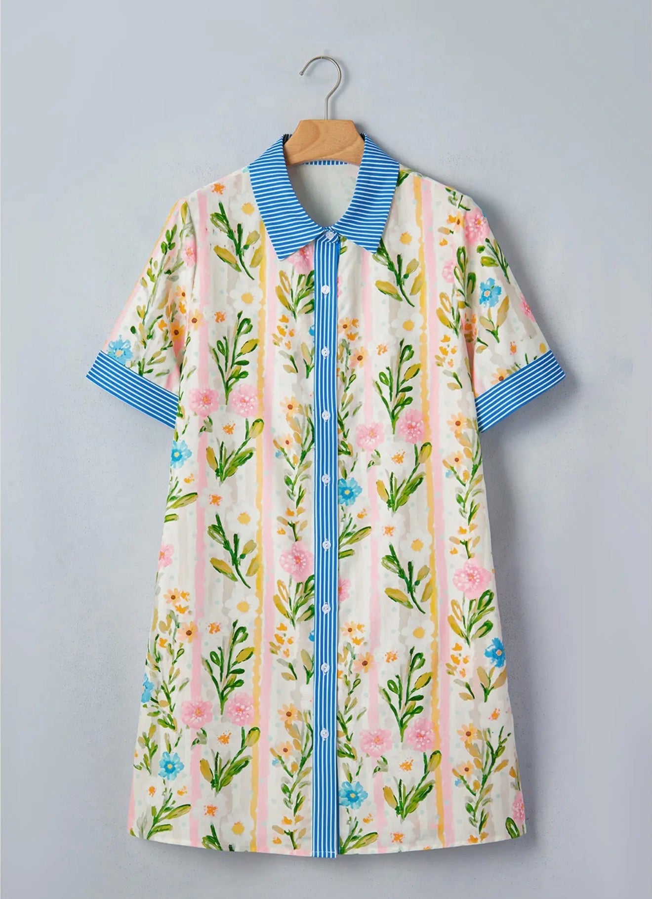 Pretty Bash Multicolour Floral Stripe Trim Button Down Dress PRETTY BASH