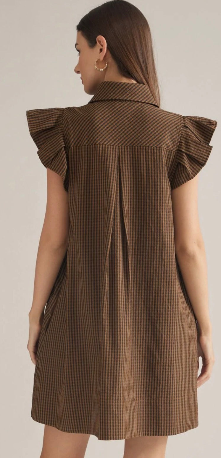 Entro Dark Mocha Gingham Ruffle Sleeve Dress SOUTHERN SUNDROP BOUTIQUE