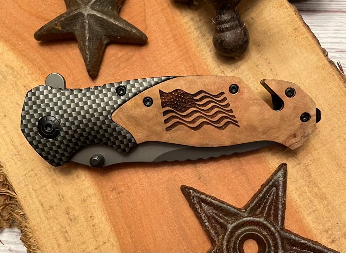 Quail Tail Laser Art - American Wavy Flag Knife Quail Tail Laser Art