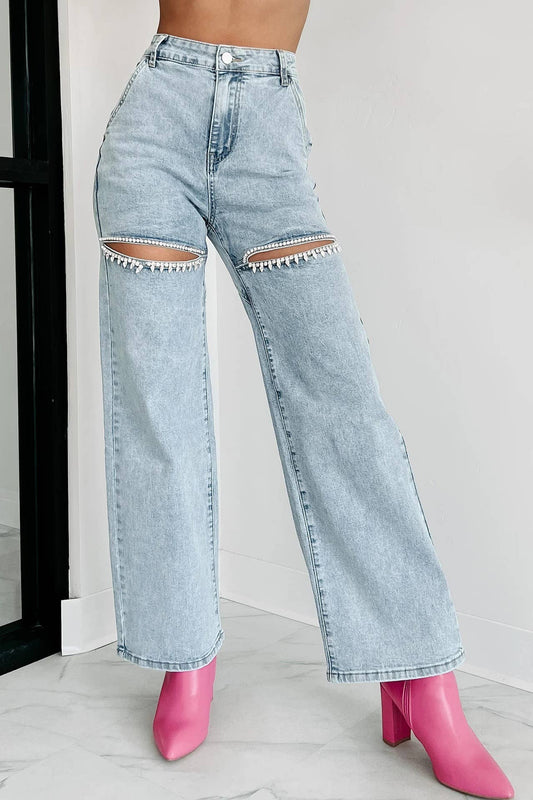 Little Trendy - Wide Leg Jeans Rhinestones Cutout High Waist Denim trousers: 1 / XL Little Trendy