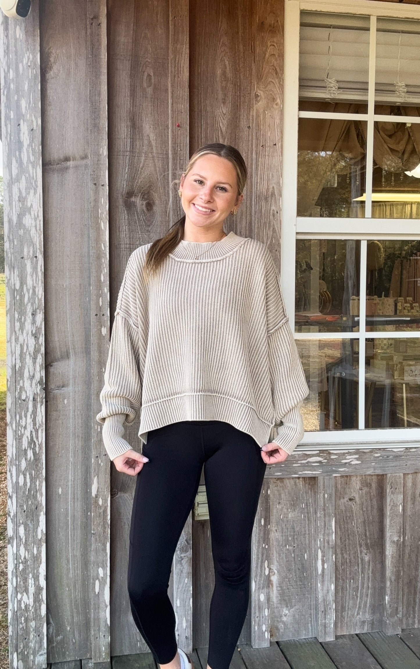 ZENANA Lt Mocha Washed Side Slit Oversized Cropped Sweater zenana