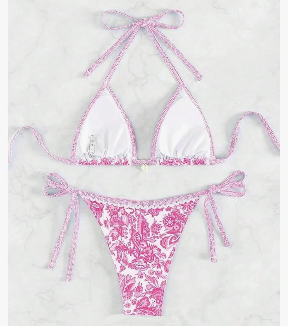 Pink Bohemian Print Lace-Up Sexy Bikini Split Swimsuit Set Rosa Clothing