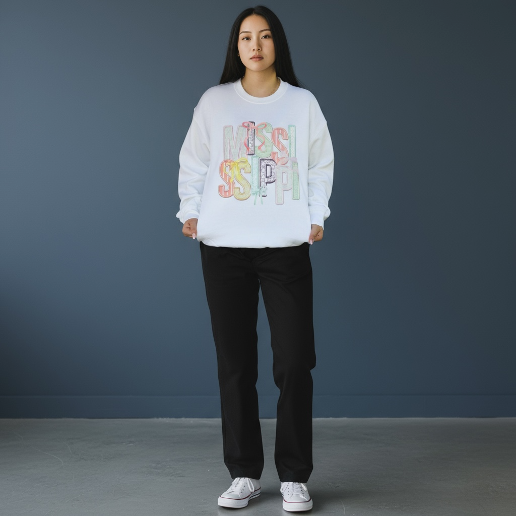 Mississippi Coquette Faux Embroidery, White Sweatshirt SOUTHERN SUNDROP BOUTIQUE