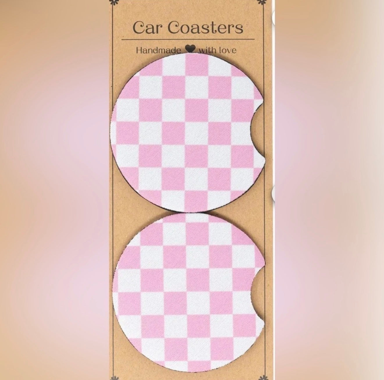 Car Coasters, Set of 2 Car Floral, Boho Trendy Coasters: Pink Checker Frederick Family Co.