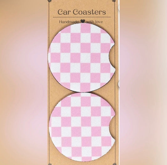 Car Coasters, Set of 2 Car Floral, Boho Trendy Coasters: Pink Checker Frederick Family Co.
