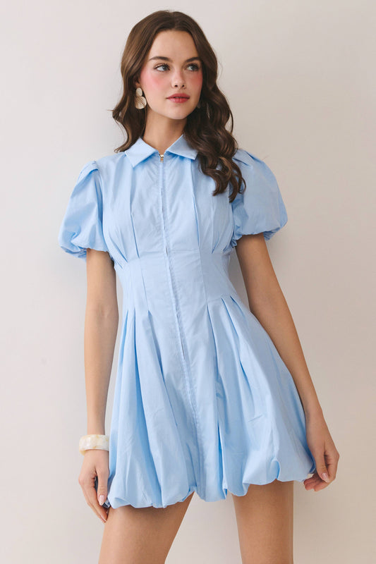 TCEC - CD05305-Fit and Flare Zipper Front Bubble Sleeves Dress: Baby Blue / S TCEC