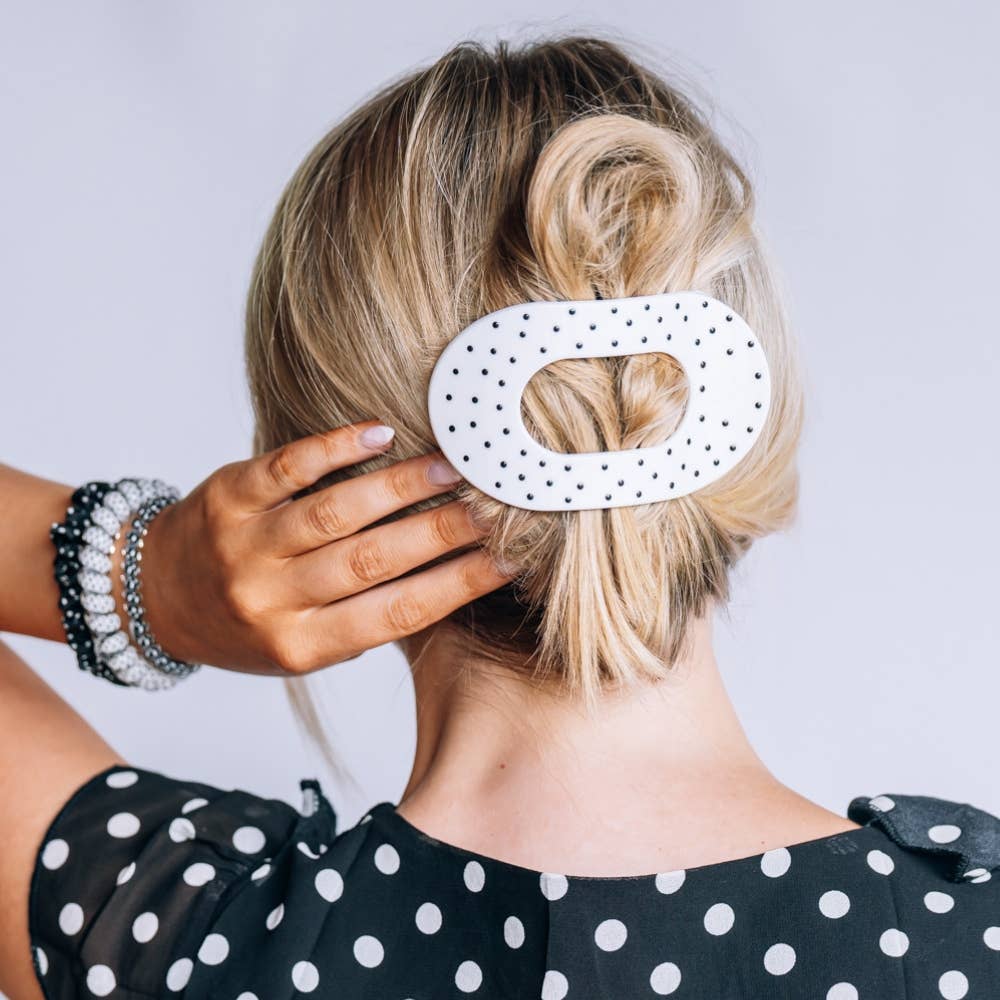 TELETIES - White Polka Dot Party Large Flat Round Hair Clip TELETIES