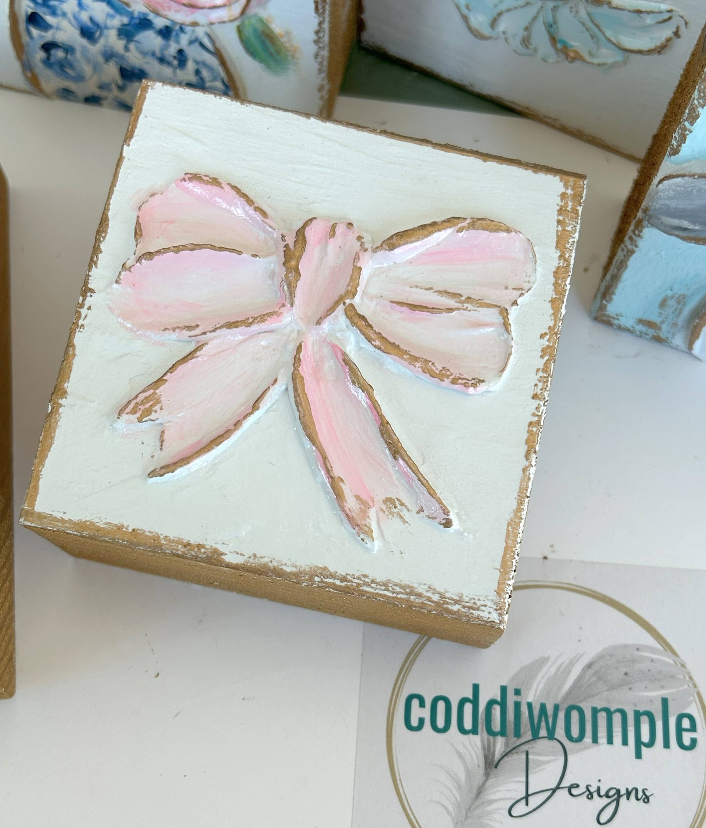Coddiwomple - Pink bow mini block  |  floral Easter Spring baby nursery Coddiwomple