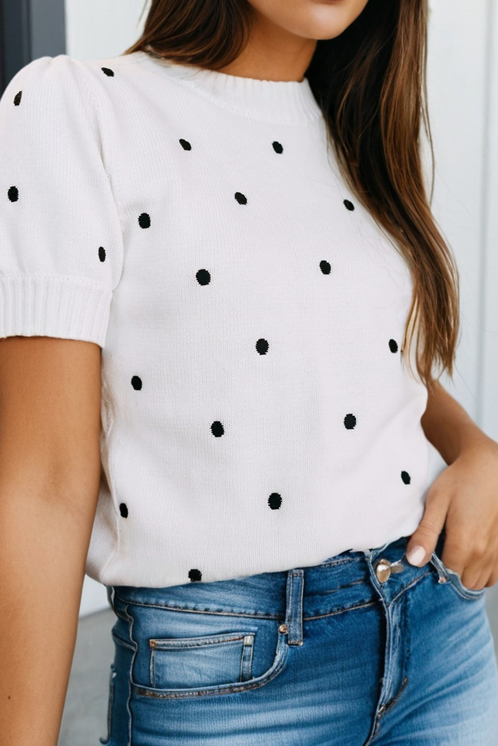 LA Society - LAS Elegant Polka Dot Bubble Short Sleeve Sweater (S-XL): White / Missy / M LA Society