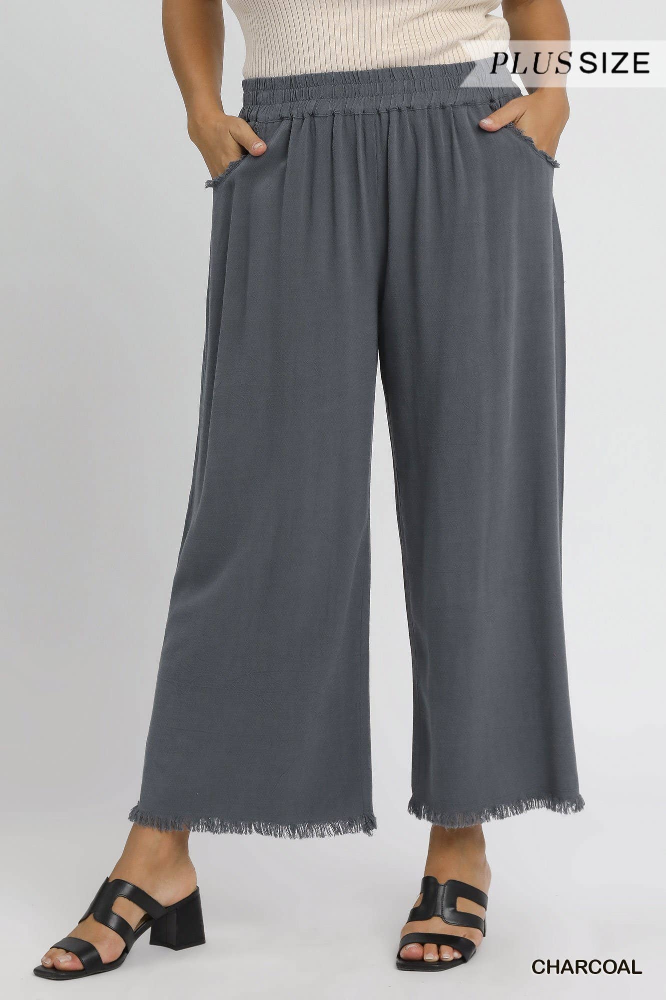 Vanilla Monkey - Plus Linen Blend Frayed Hem Wide Leg Pants: CHARCOAL / 3-2-1 (XL-1XL-2XL) Vanilla Monkey