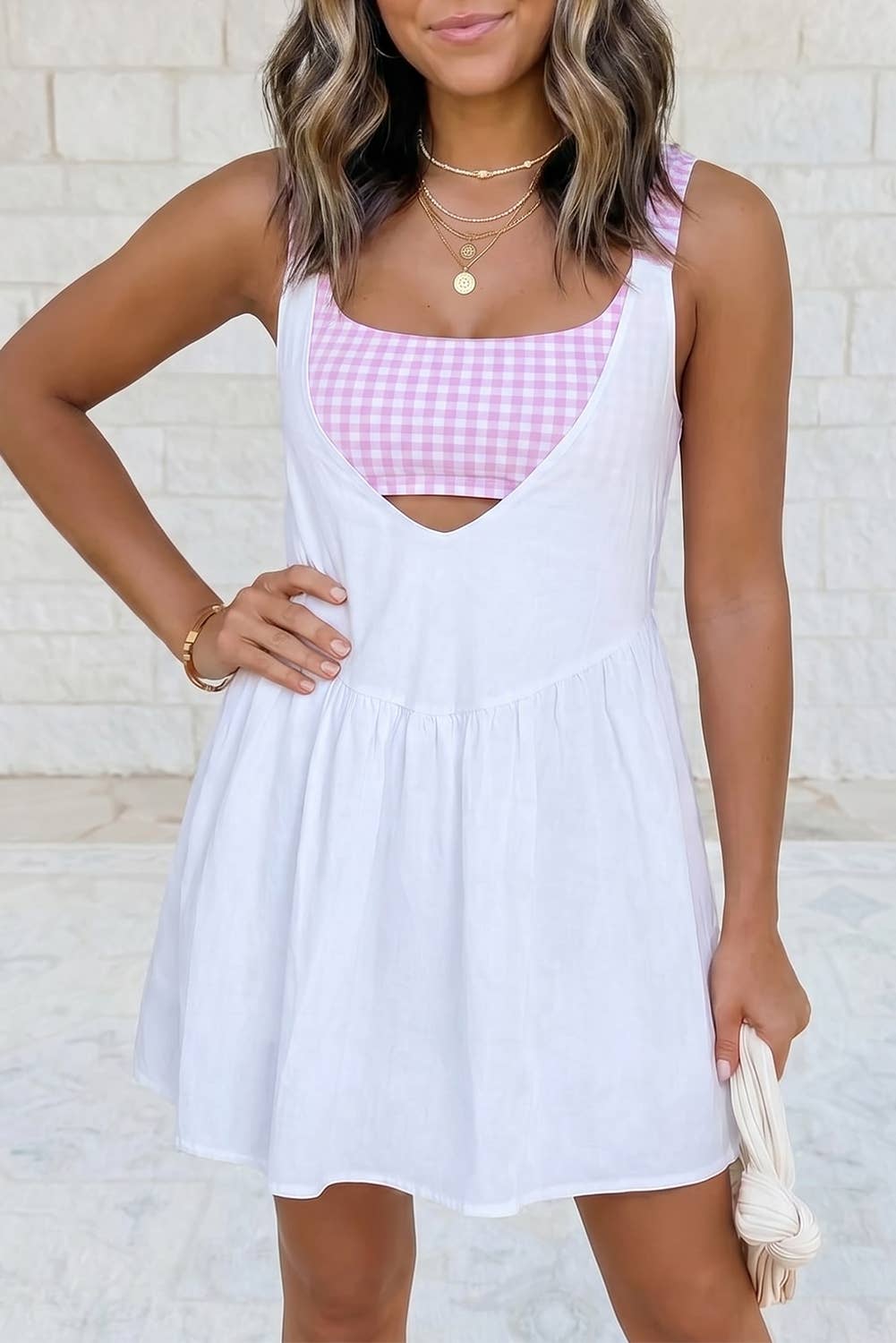 1 the Woman - Faux 2 Pc Gingham Contrast Patchwork Loose Mini Dress: White / S 1 the Woman