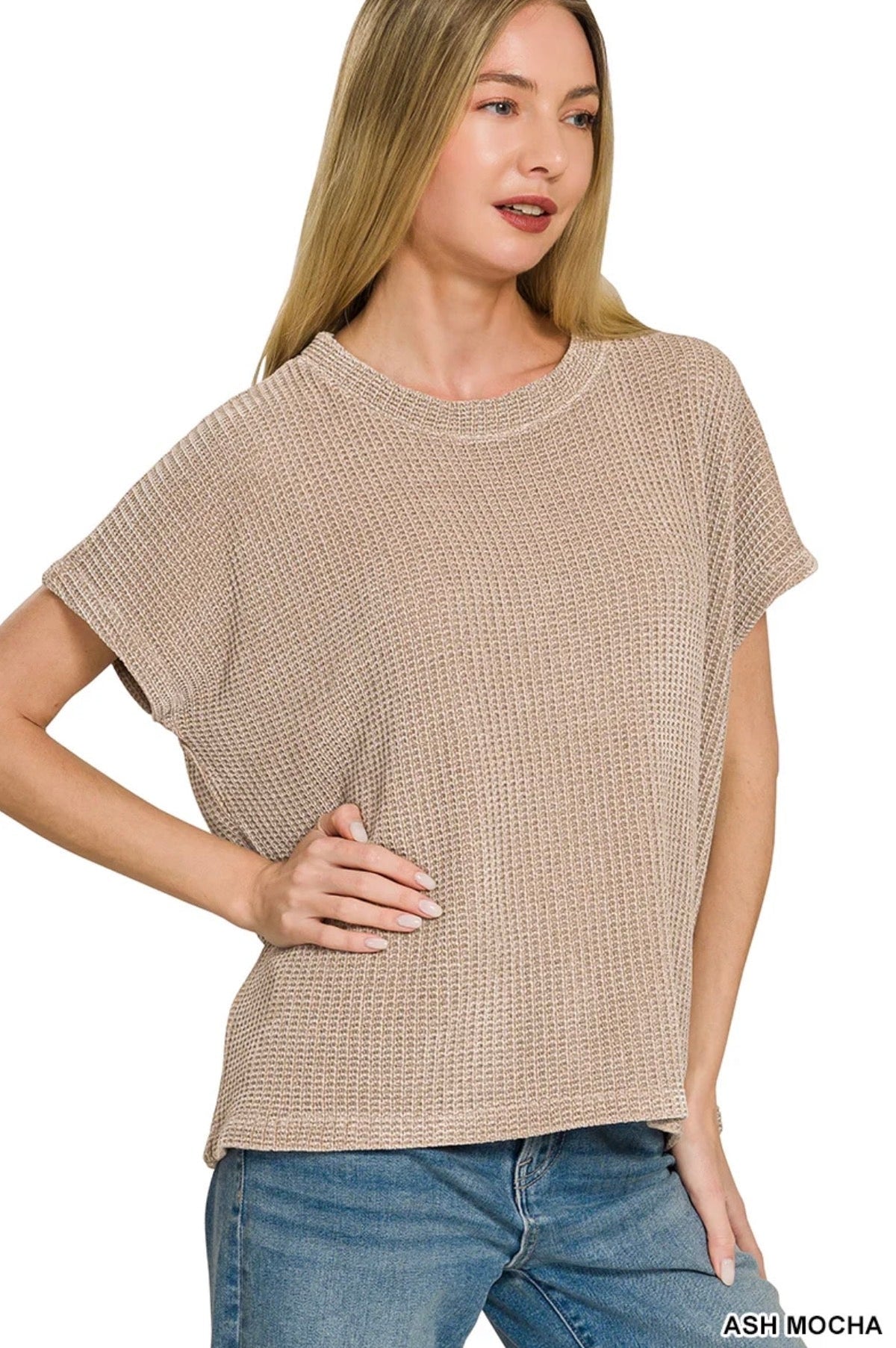 Zenana Ash Mocha Chenille Waffle Short Sleeve Sweater Vanilla Monkey