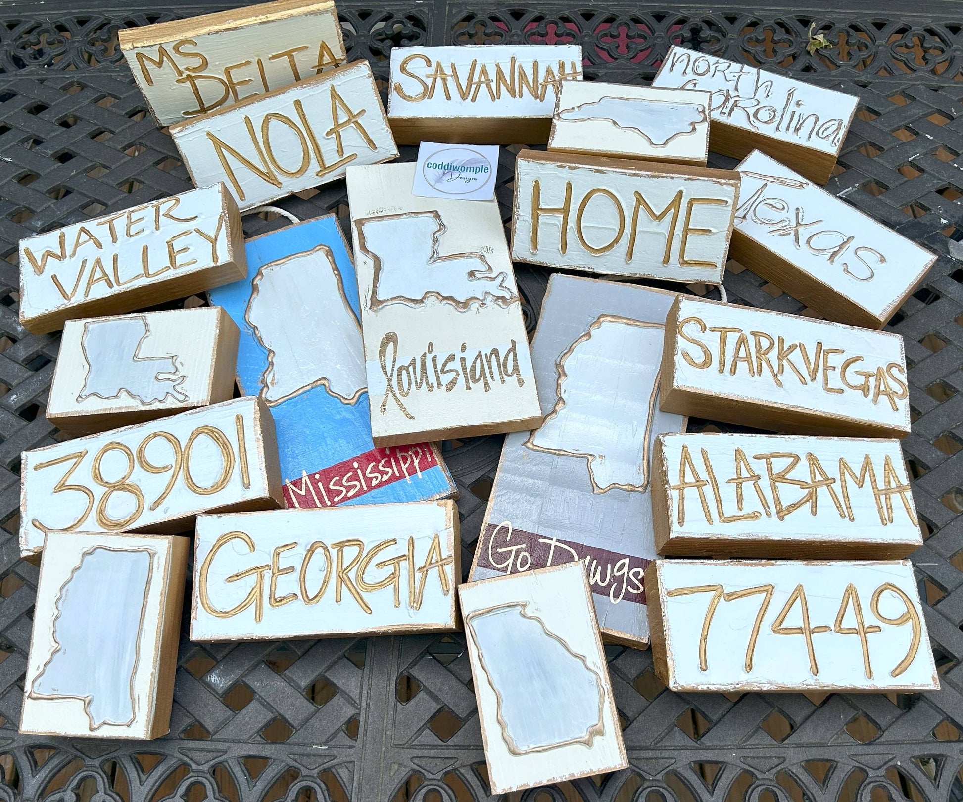 Coddiwomple - U.S. zip code - custom art block  hometown sports region : Farmhouse numbers (carved) Coddiwomple