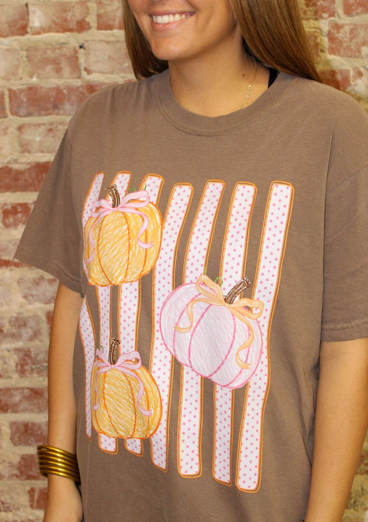 Fall Espresso Polka Dots and Crayon Pumpkins Graphic Tee Dash Forward Wholesale
