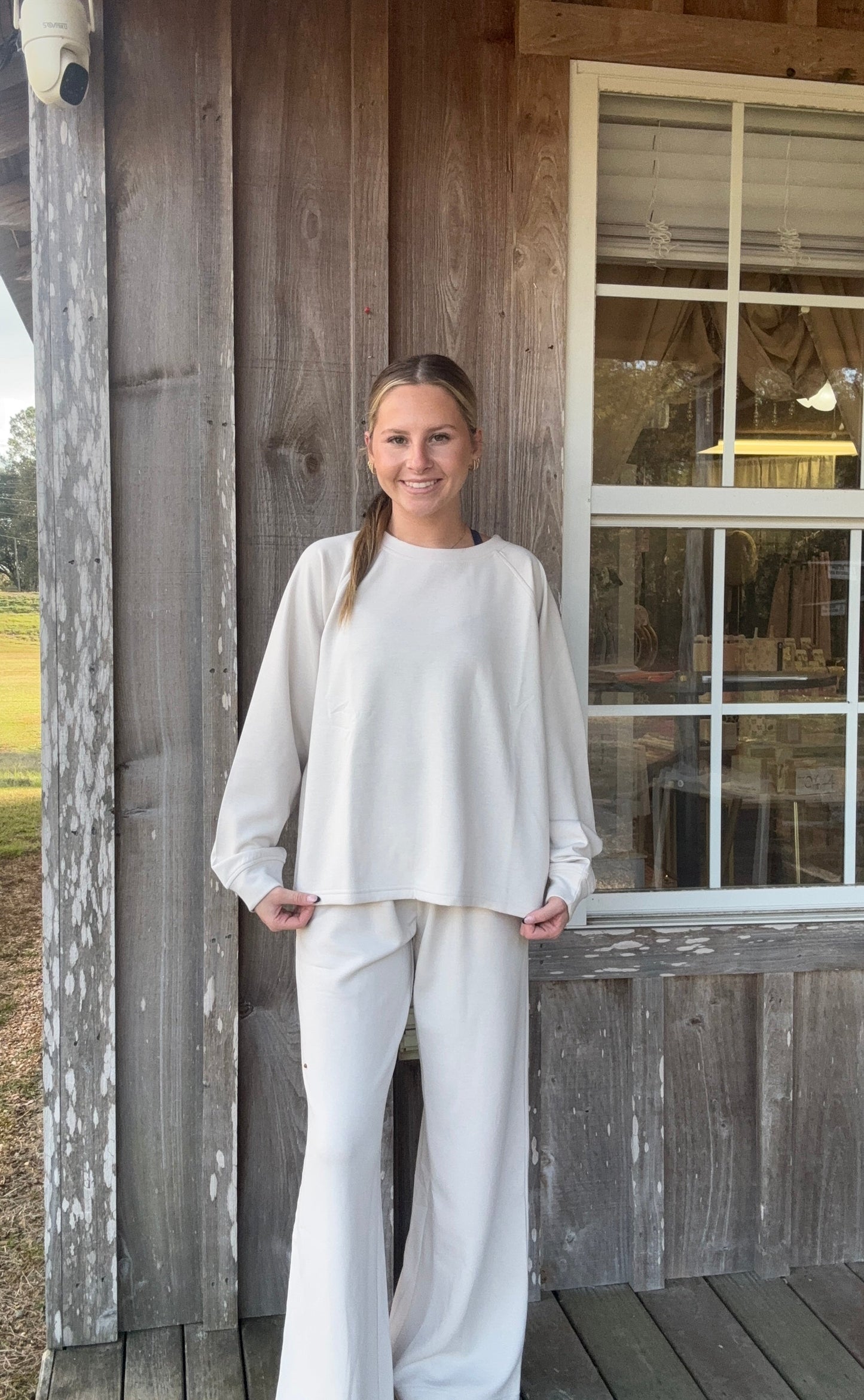 Zenana Sand Beige Scuba Crewneck Pullover & Pants 2 Pieces Set zenana