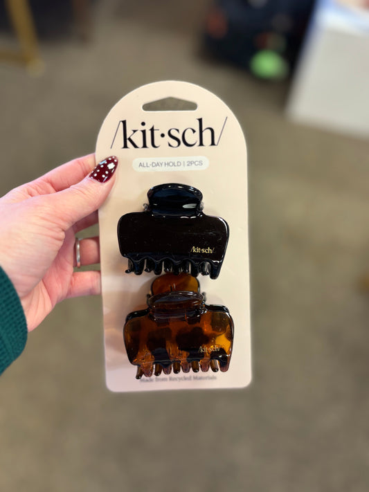 2 Piece Black And Tortoise  Plastic Medium Puffy Claw Clip Set KITSCH