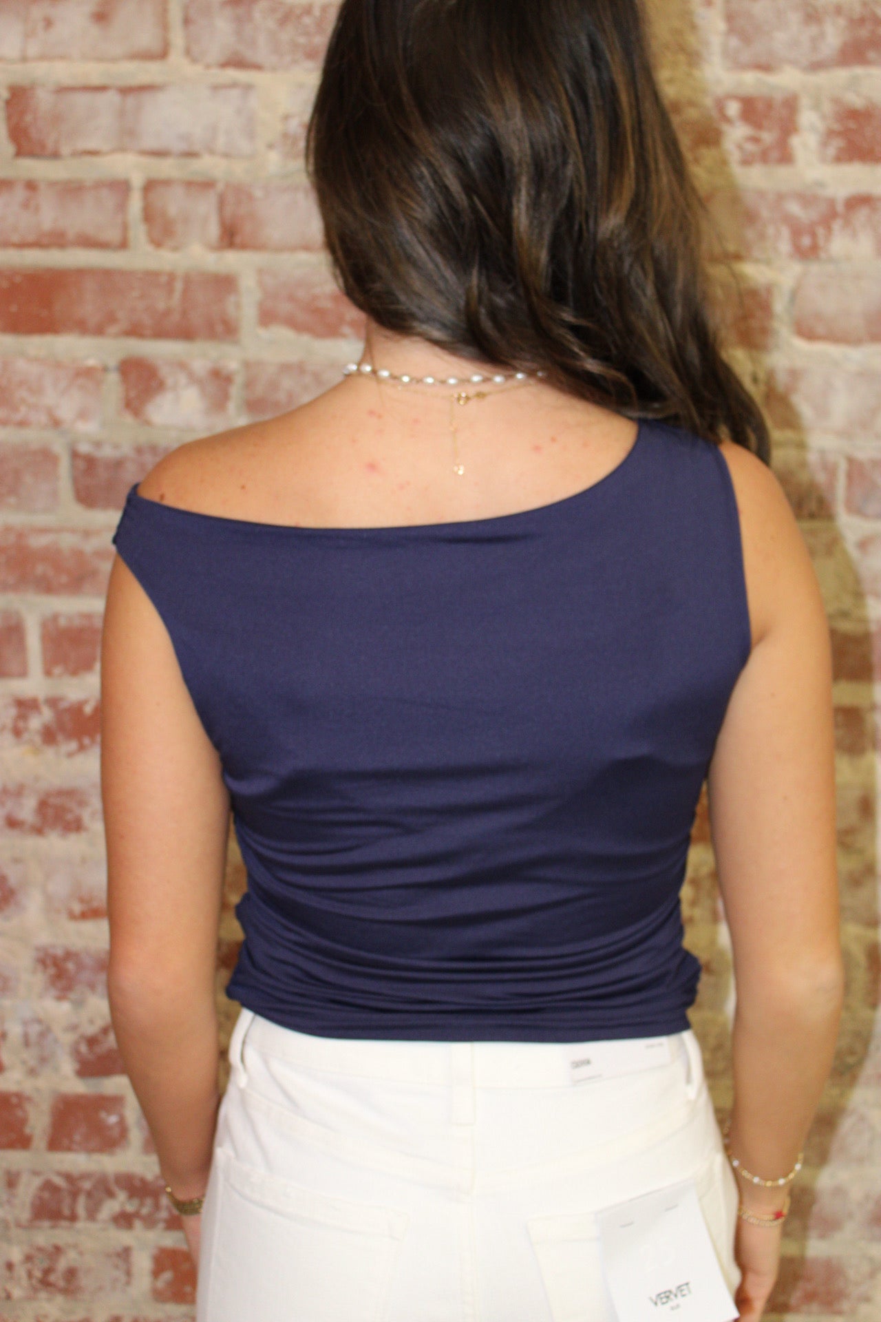 Rosa Clothing Dark Blue Off-The-Shoulder Sleeveless Ruched Top Rosa Clothing