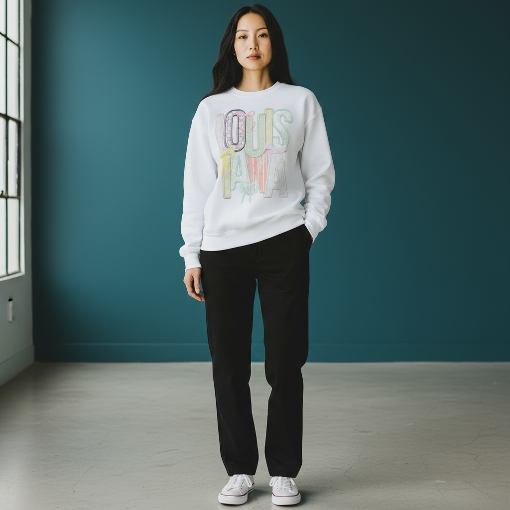 Louisiana Coquette Faux Embroidery White Sweatshirt SOUTHERN SUNDROP BOUTIQUE