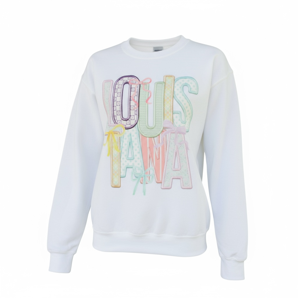 Louisiana Coquette Faux Embroidery White Sweatshirt SOUTHERN SUNDROP BOUTIQUE