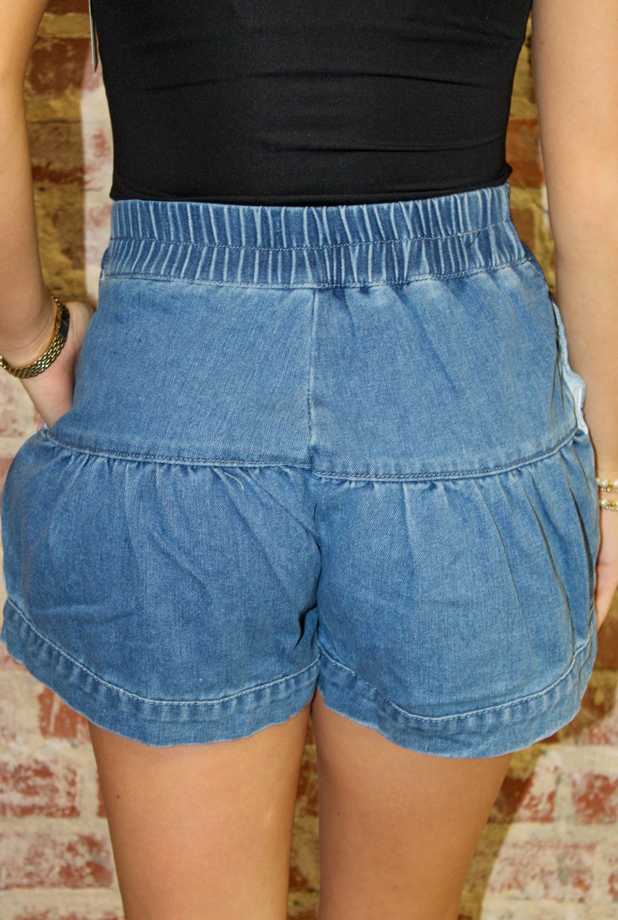 EmberLoom Blue Button-Up High-Waist Shorts with Ruffled Design EmberLoom