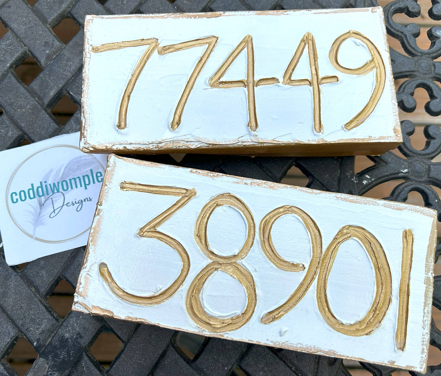 Coddiwomple - U.S. zip code - custom art block  hometown sports region : Farmhouse numbers (carved) Coddiwomple