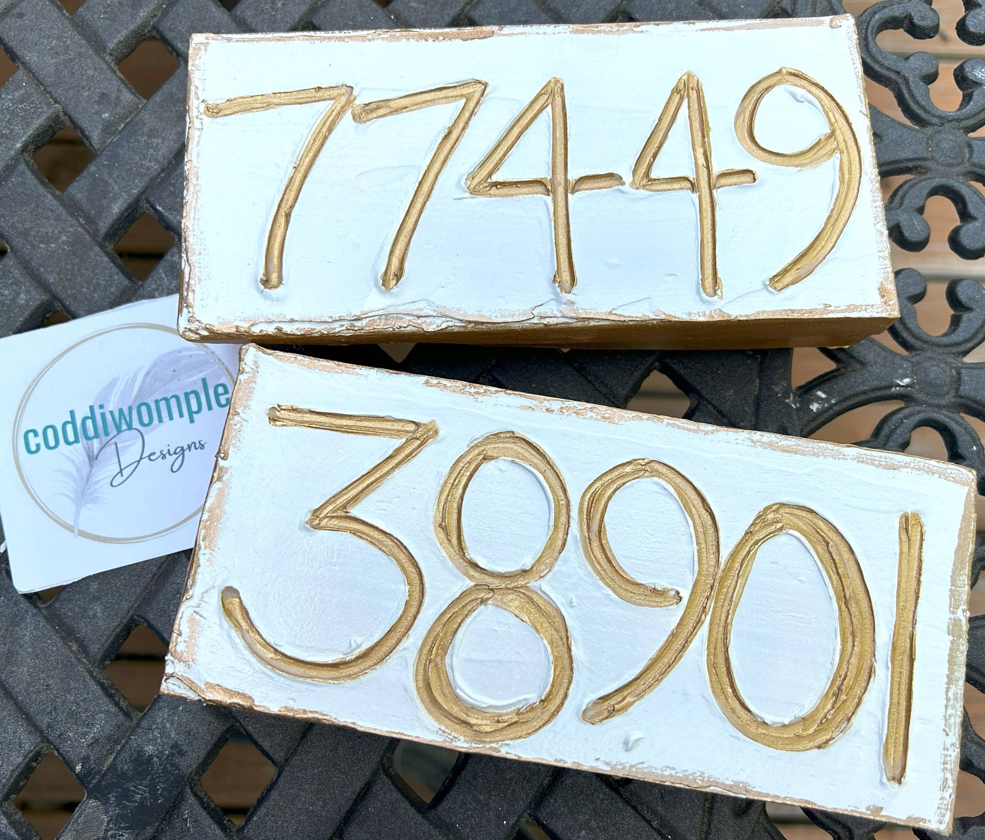 Coddiwomple - U.S. zip code - custom art block  hometown sports region : Farmhouse numbers (carved) Coddiwomple