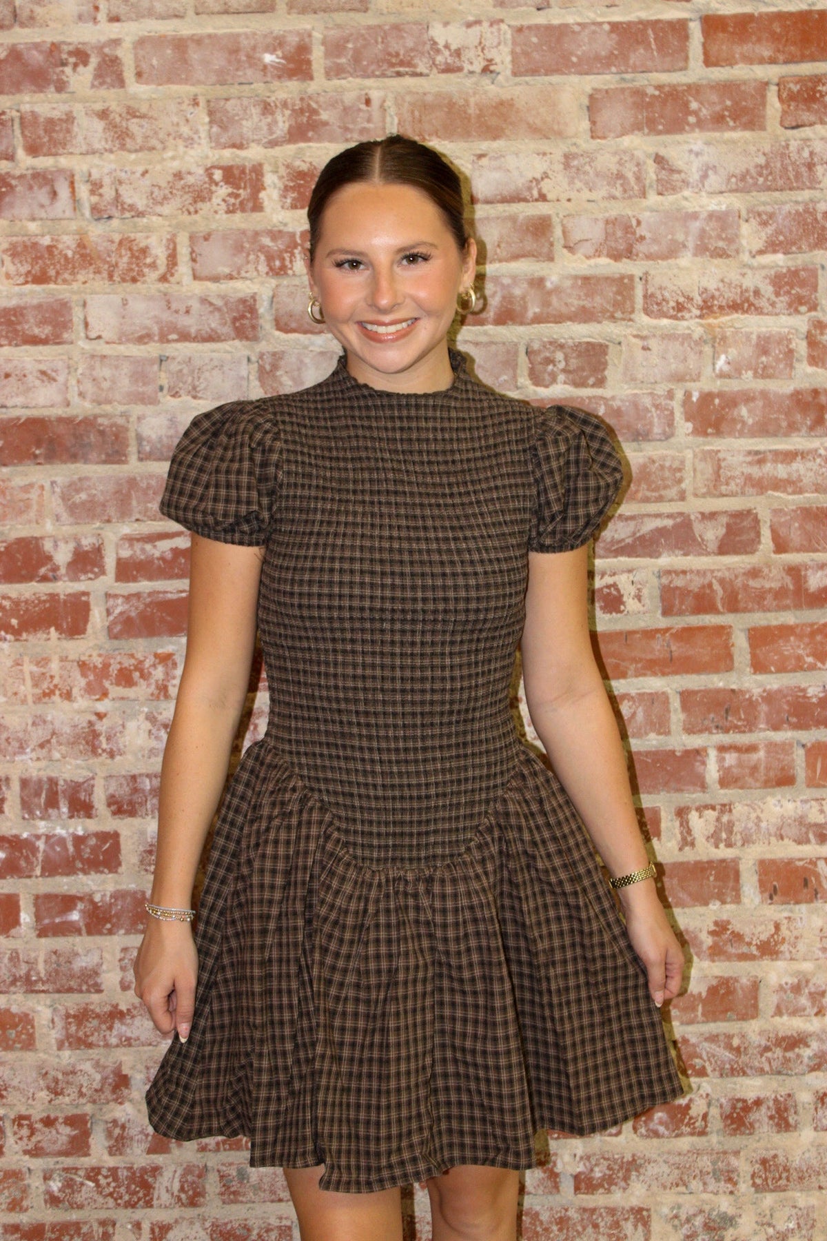 Olivaceous Angela Dk Brown Plaid Contemporary Smocked Mini Dress Olivaceous