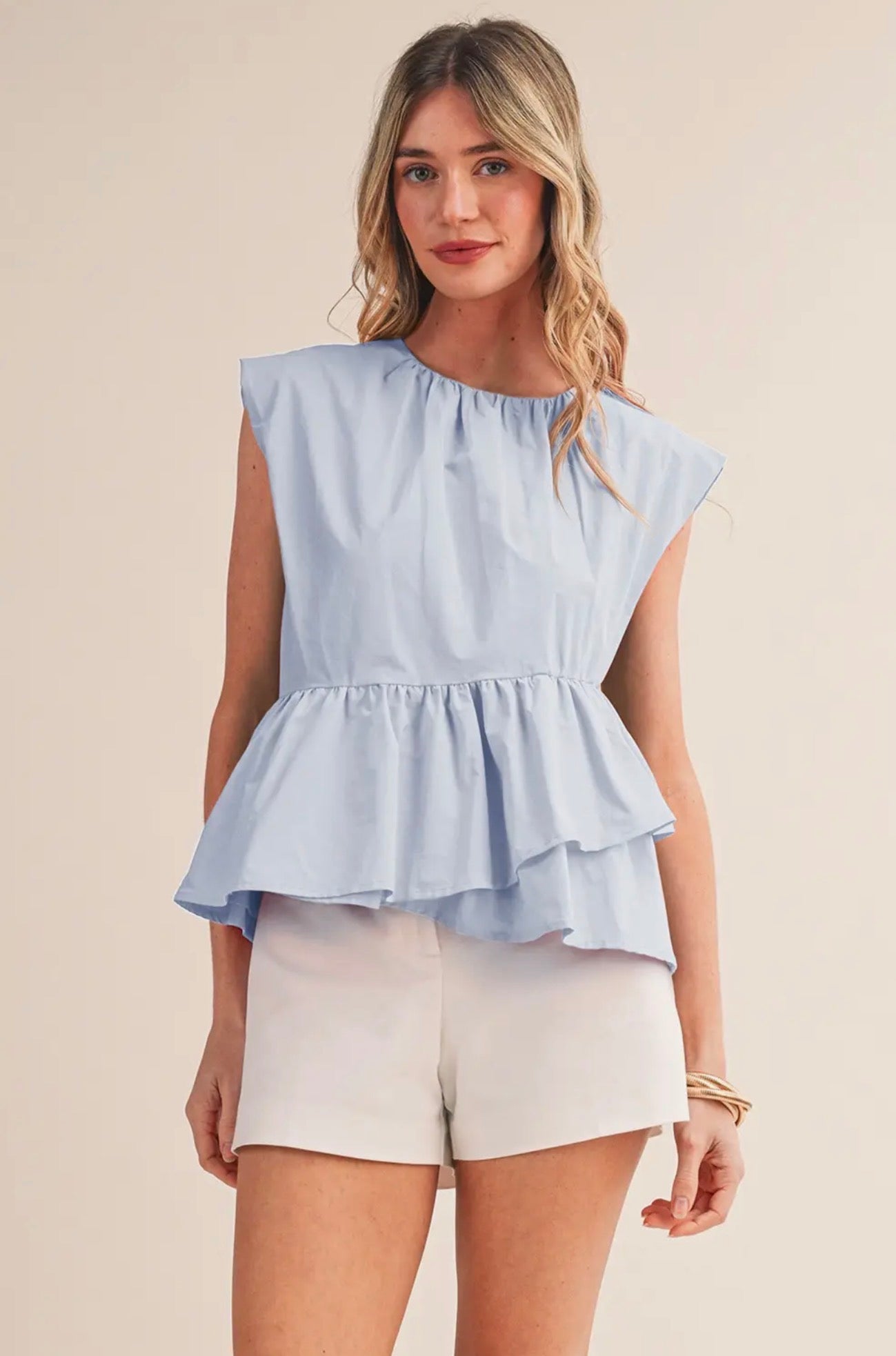 &MERCI SKY BLUE RUFFLED PEPLUM HEM TOP &MERCI