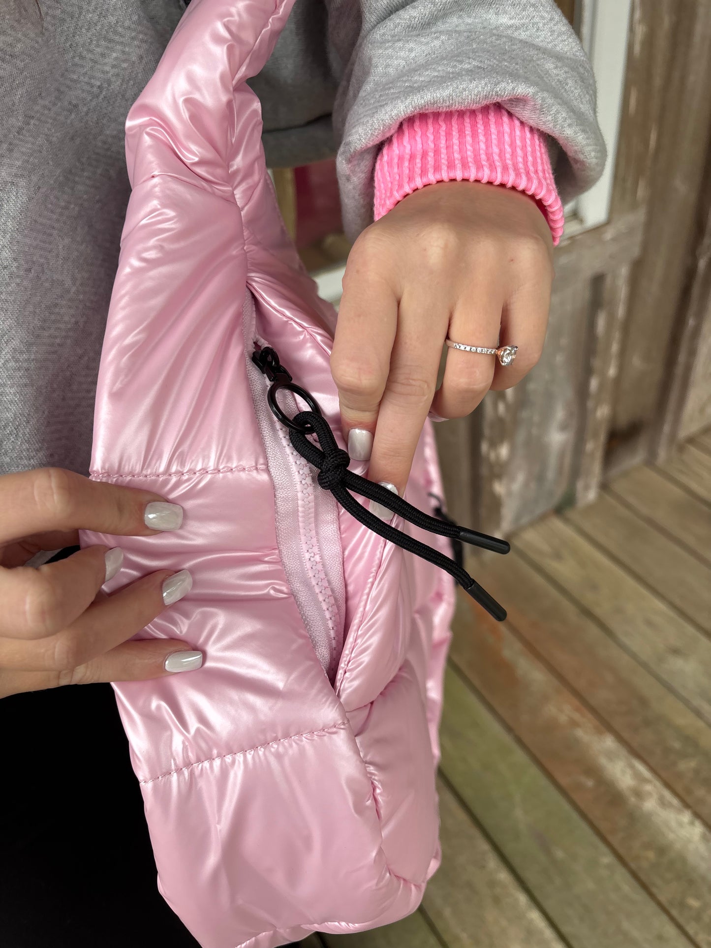 LULU MAC ROSE GOLD PUFFER METALLIC TOTE BAG