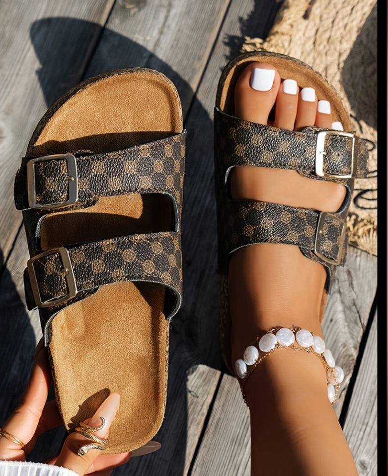 Geometric Print Cut Out Buckle PU Leather Flat Slippers Little Daisy Closet