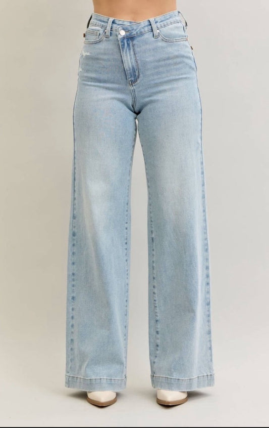 Judy Blue High Waist Retro Wide Criss-Cross Waistband Mild Destroy Jeans Judy Blue Jeans