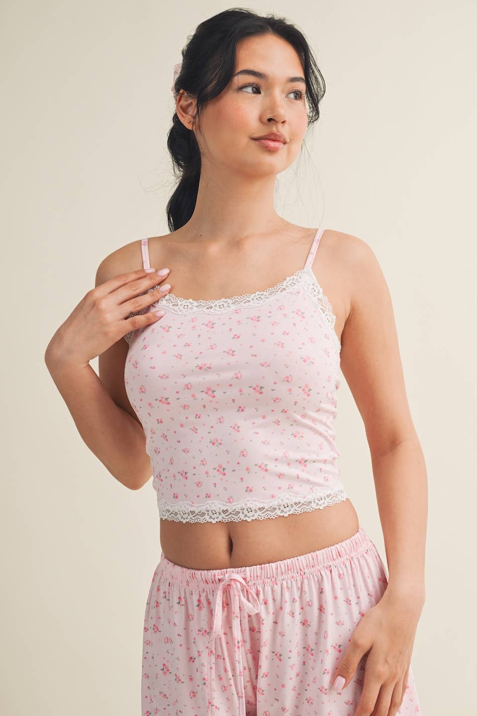 KIMBERLY C Pink Ditsy Print Cami Top And Shorts with Scalloped Edge Lace Trim KIMBERLY C