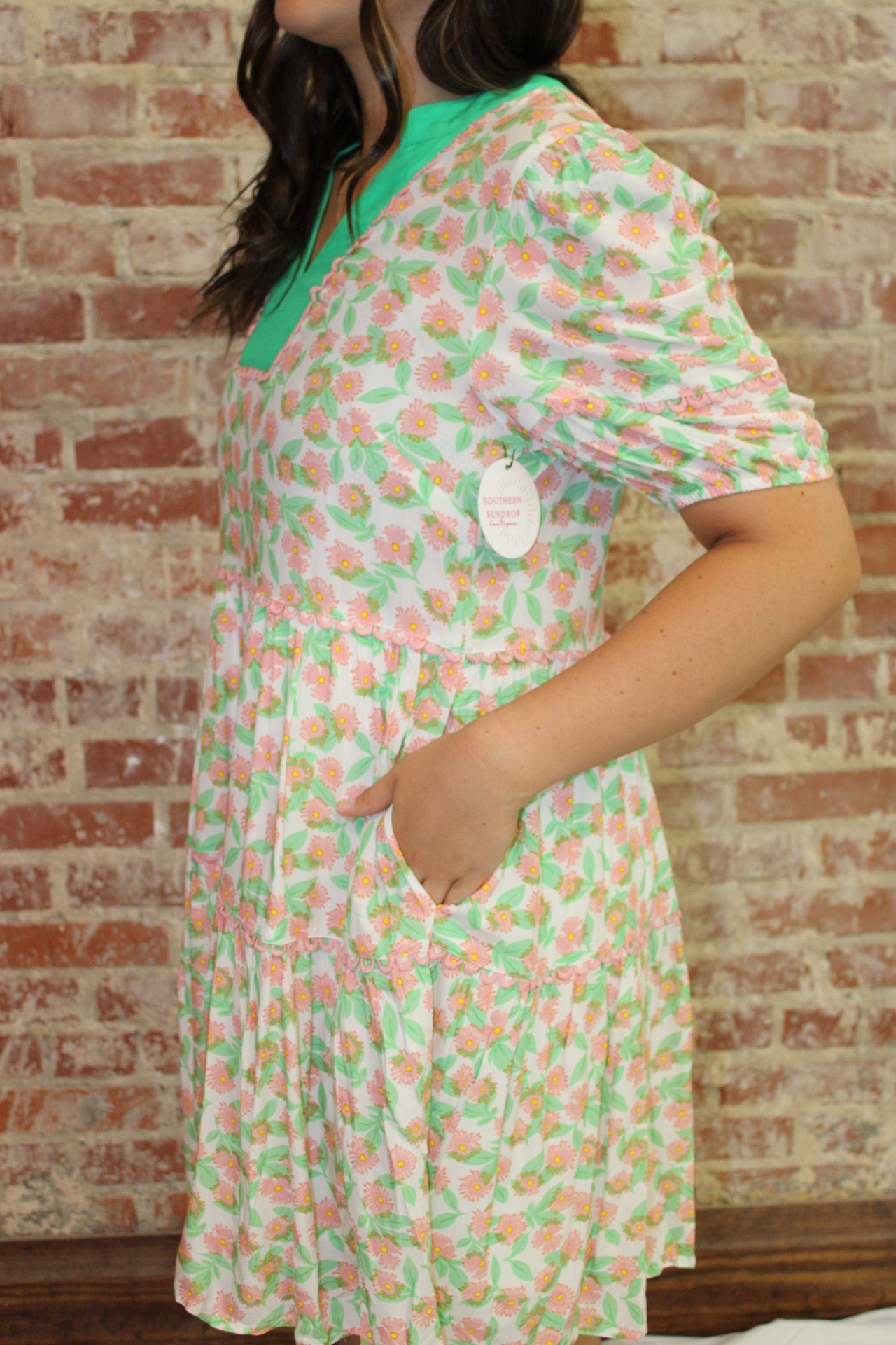 LA Society Green Missy Ricrac Trim Floral Puff Sleeve Dress LA Society