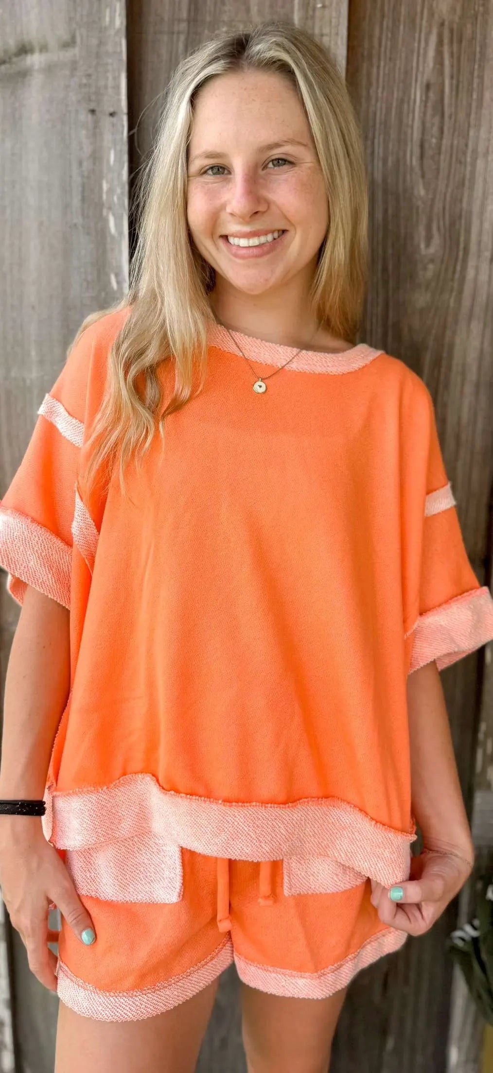 Oversize Banded Top and LoopTerry Pocket Short Set-Orange J Her Inc