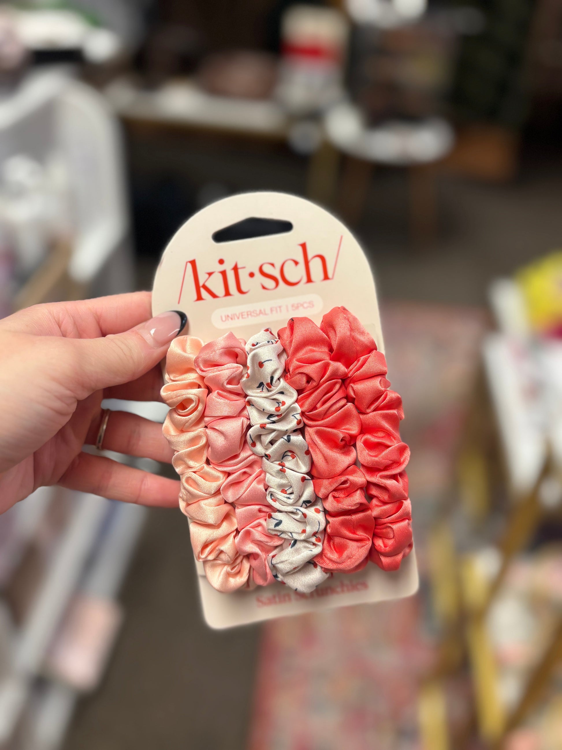 Assorted Cherry Blossom Ruched Satin Scrunchies 5pc Set KITSCH