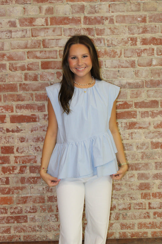 &MERCI SKY BLUE RUFFLED PEPLUM HEM TOP &MERCI