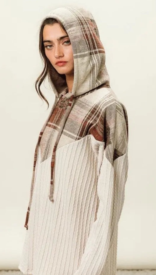 BIBI PLAID BRUSH KNIT CONRAST CABLE KNIT HOODIE BIBI