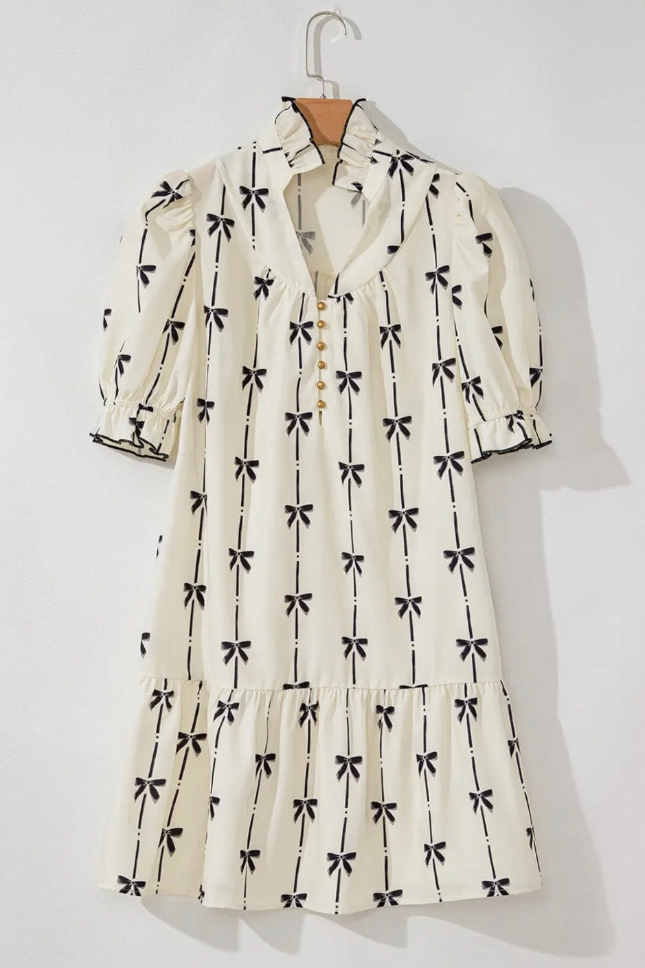Beige Cute Bowknot Printed Bubble Sleeve V Neck Mink Dress Lovesoft