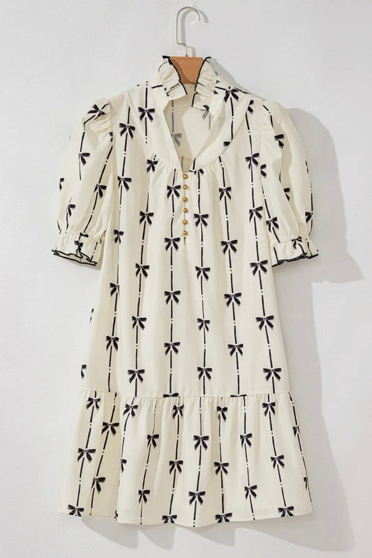 Beige Cute Bowknot Printed Bubble Sleeve V Neck Mink Dress Lovesoft