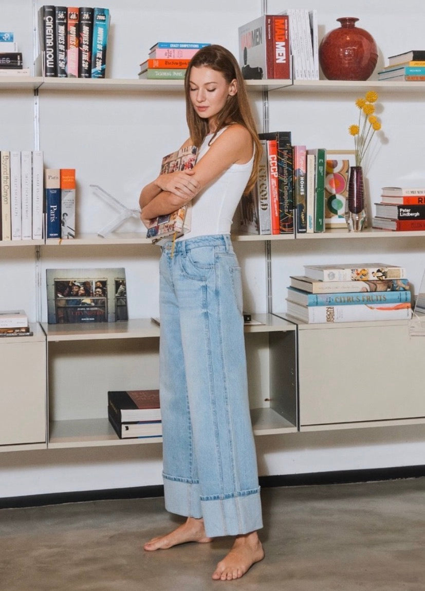 SUPER HIGH RISE CUFFED BAGGY WIDE JEANS STREAMLINED VERVET by FLYING MONKEY
