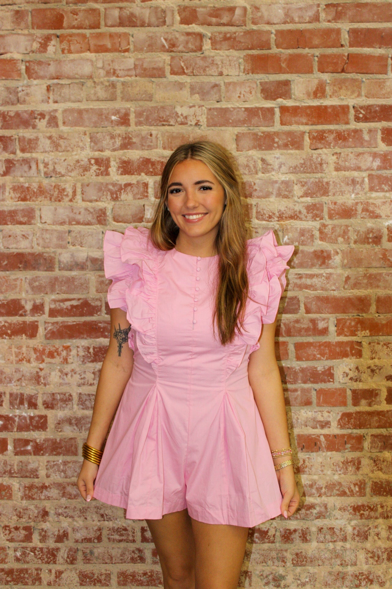 TCEC Baby Pink Layered Ruffle Detail Front Button Romper TCEC