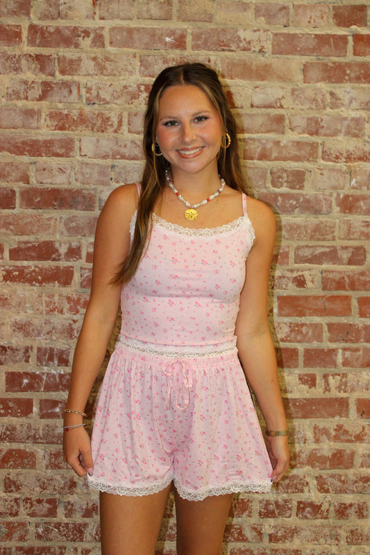 KIMBERLY C Pink Ditsy Print Cami Top And Shorts with Scalloped Edge Lace Trim KIMBERLY C