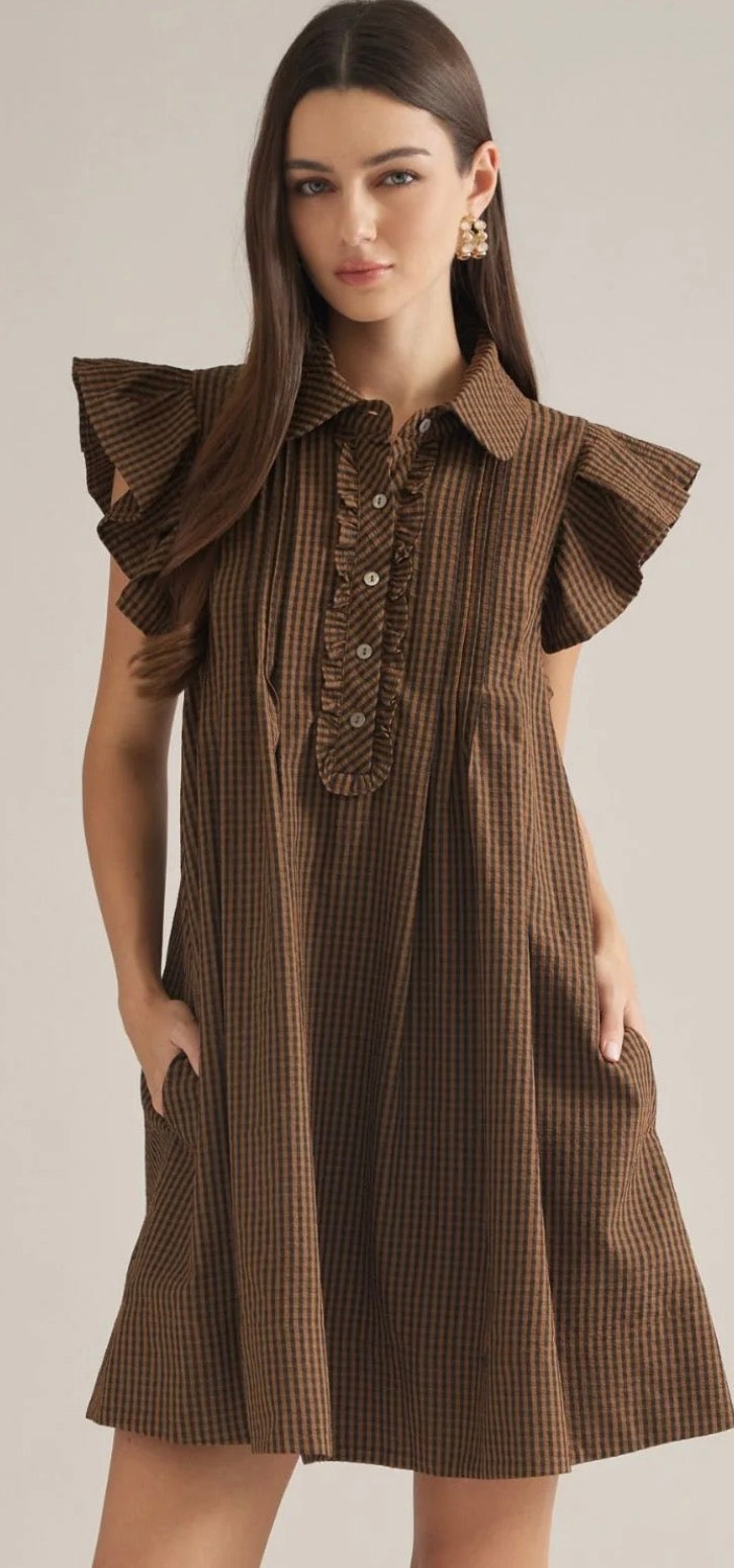 Entro Dark Mocha Gingham Ruffle Sleeve Dress SOUTHERN SUNDROP BOUTIQUE